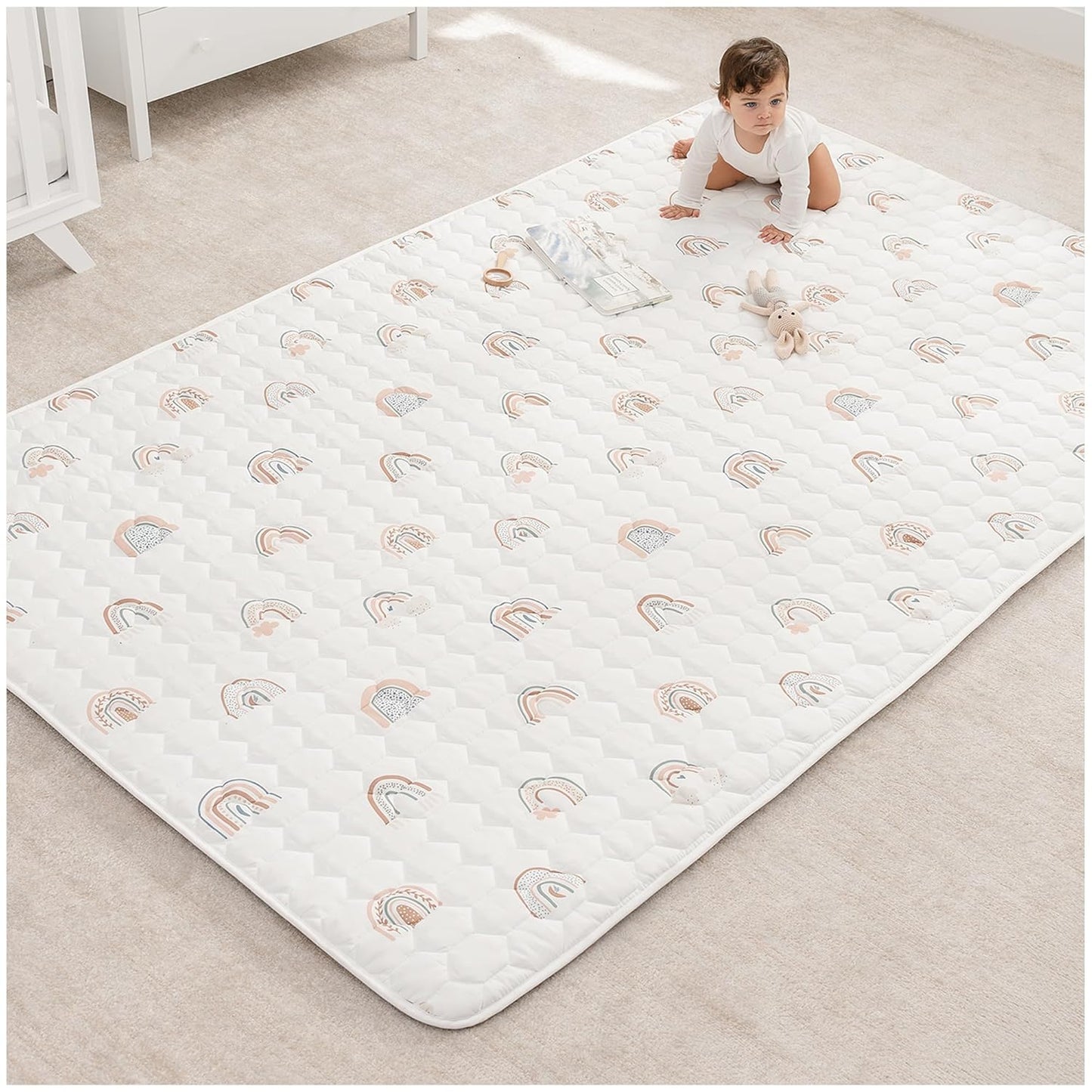 Comfy Cubs Rectangle Kids Play Mat - Large 60 x 96 inches Soft Quilted Baby Floor Mat with Non-Slip Bottom - Plush Design for Toddlers' Playtime and Relaxation - Comfortable and Durable - Rainbow