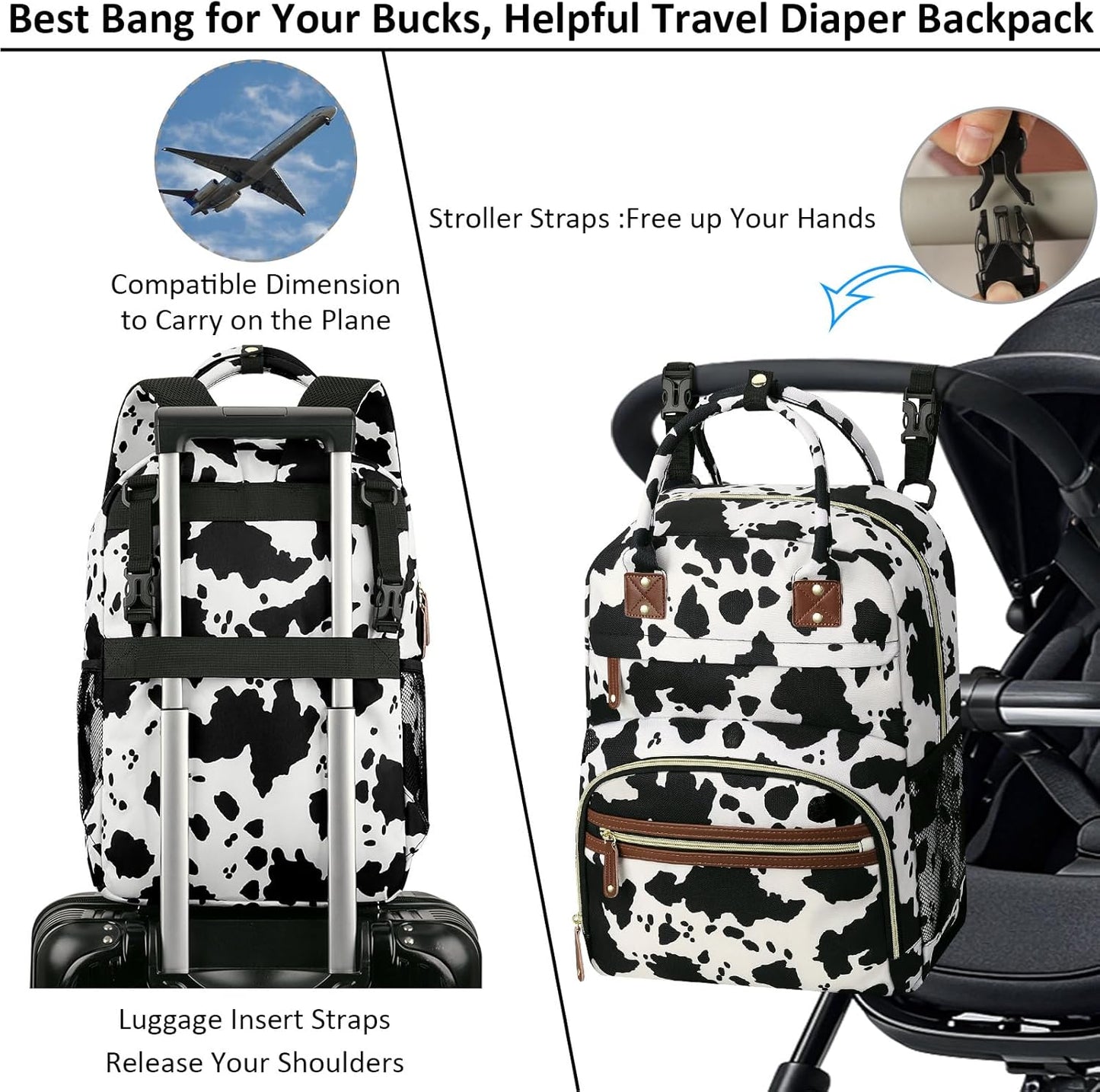 Large Capacity Baby Diaper Bag Backpack with Insulated Pockets, Waterproof, Stylish Cow Print Design, Suitable for Boys and Girls