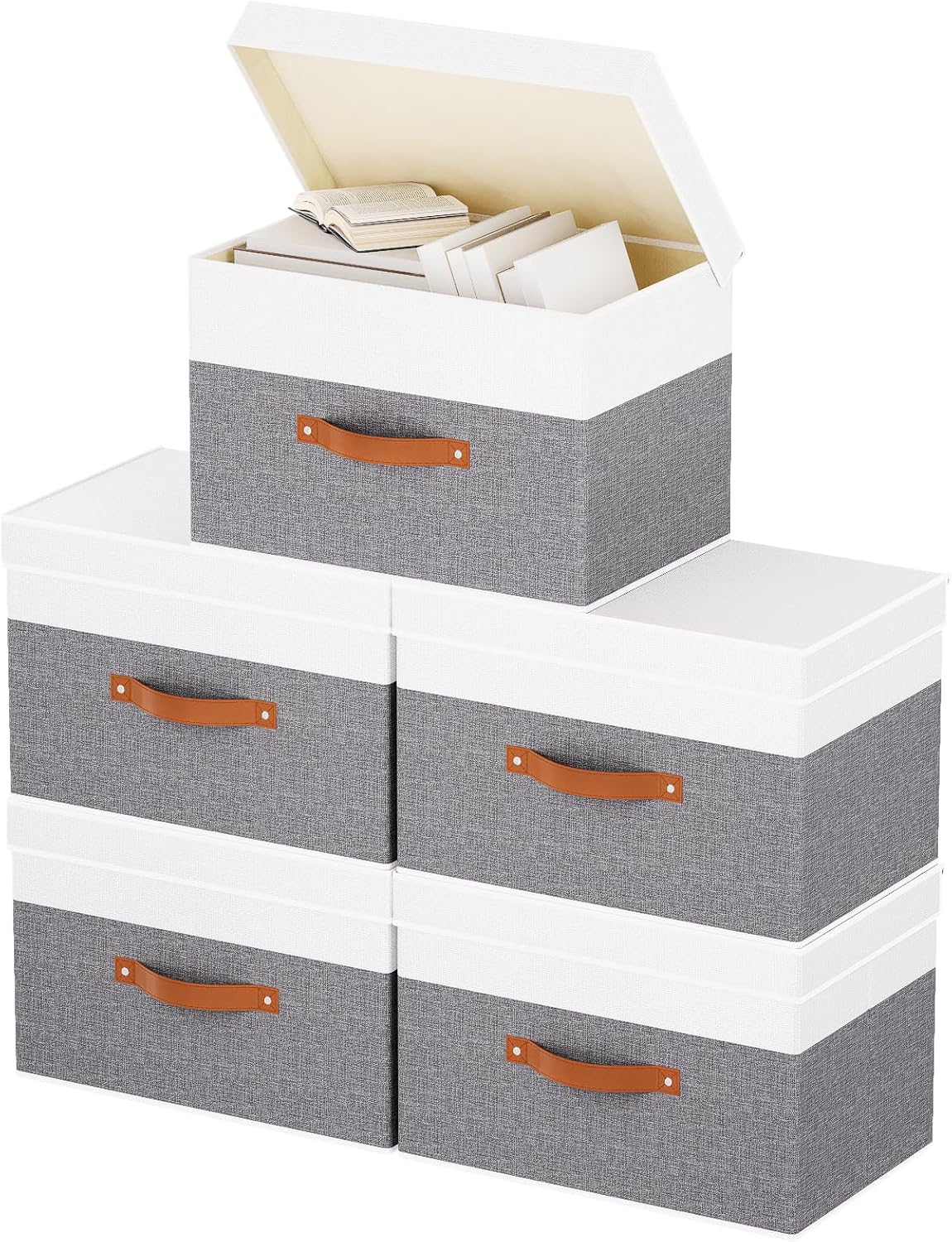 Fabric Storage Bins with Lids, 5 Pack Linen Foldable Cloth Baskets, 15 x 9.8 x 9.8 Inch Closet Organizer Containers with Double Handles, Sweater Boxes for Bedroom, White and Grey