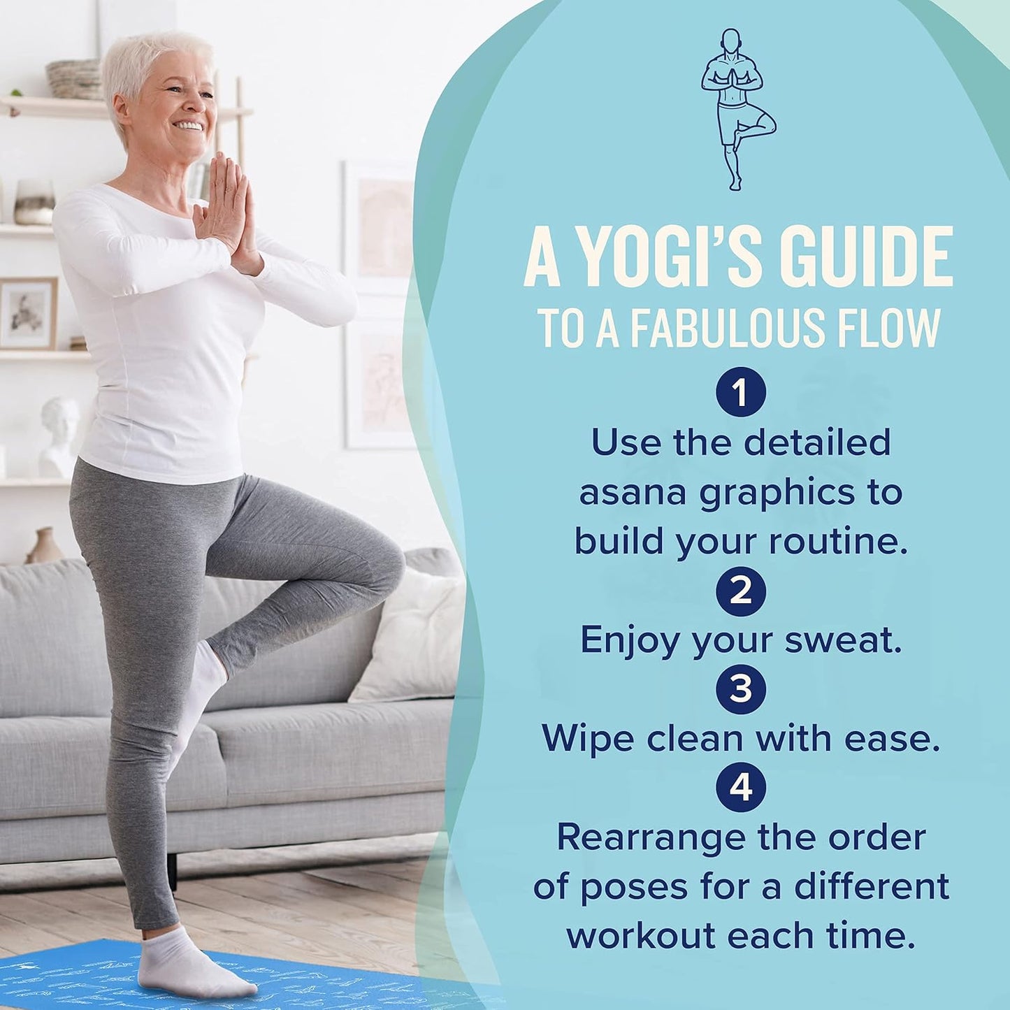 NewMe Fitness Yoga Mat for Women and Men - Large, 5mm Thick, 68 Inch Long, Non Slip Exercise Mats w/ 70 Printed Yoga Poses for Pilates, Workout and Stretching - Home and Gym Essentials