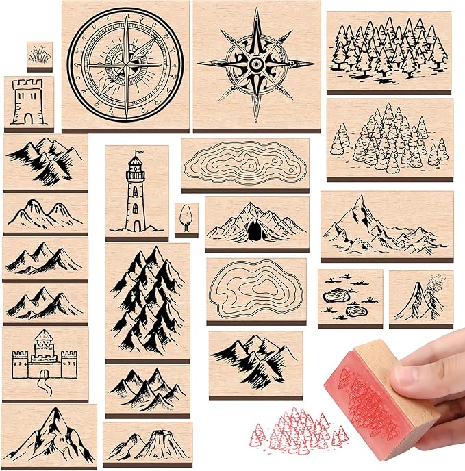 Marspark 24 Pcs Compass Mountains Stamp Combo Map Making Rubber Stamp Kit Compass Outdoor Scenery Stamps for RPG Adventures, Storytelling, and Creative Projects