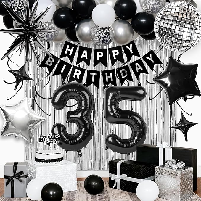 35th Birthday Decorations for Men Women, Black Silver Happy Birthday Party Decorations， 35 Year Old Party Supplies with Number 35 Balloons, Banner, Fringe Curtains Kit