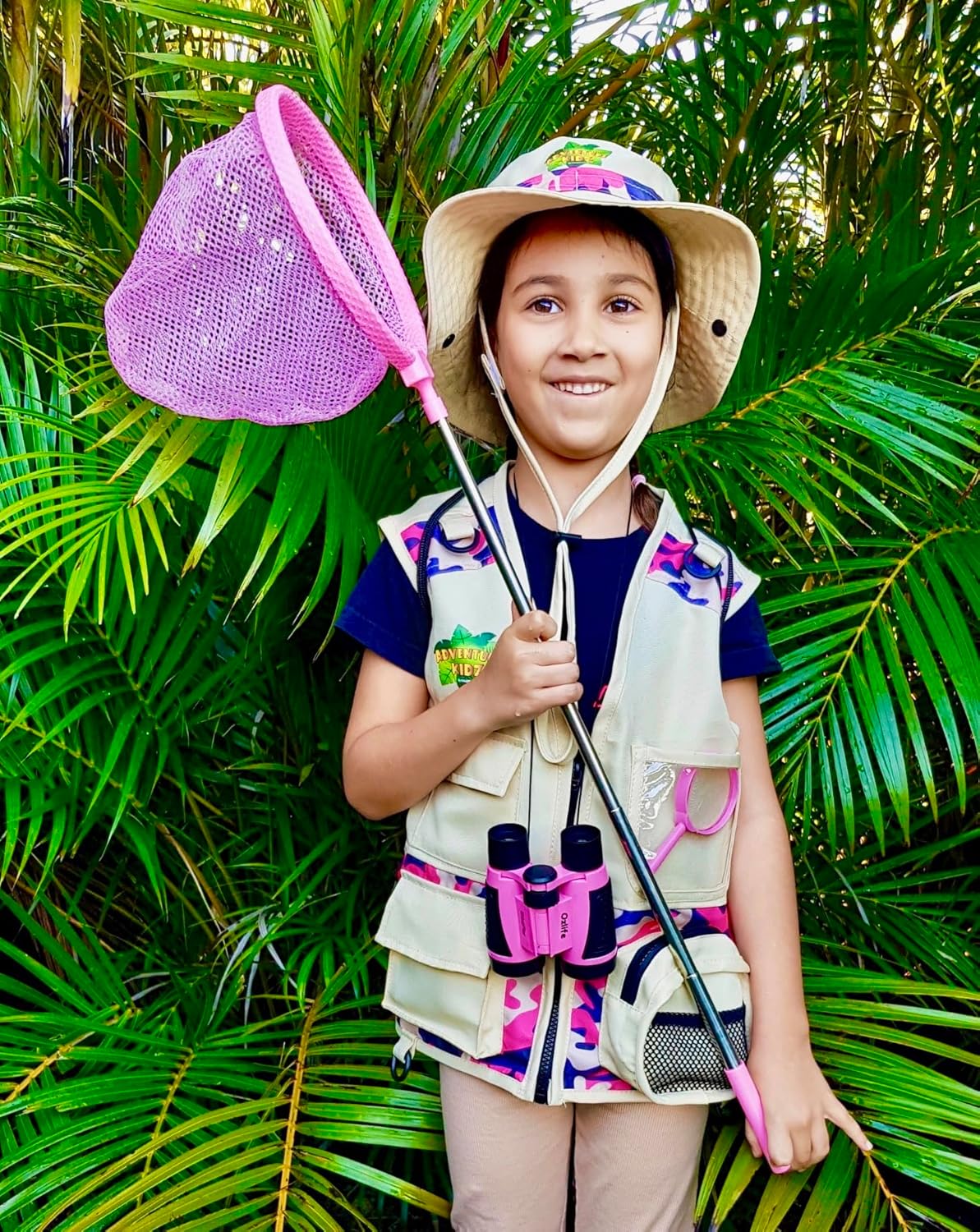 Bug Hunting Kit, Pink Safari Vest, Hat, Binoculars, Lg. Butterfly Net, Bug Container, Whistle, Flashlight, Magnifier, Thermostat, Compass, Age 3+