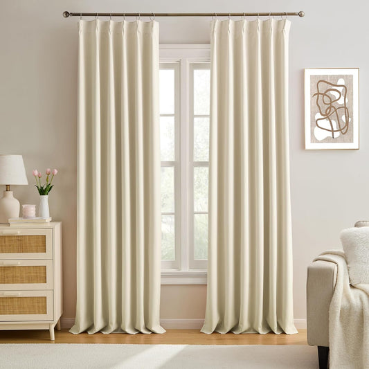 KEQIAOSUOCAI Cream Beige Color Luxury Blackout Curtains 96 Inch Long Pinch Pleated with Hooks Curtains & Drapes Bedroom/Living Room,Neutral Curtains Room Darkening Track System Window Panels Set of 2