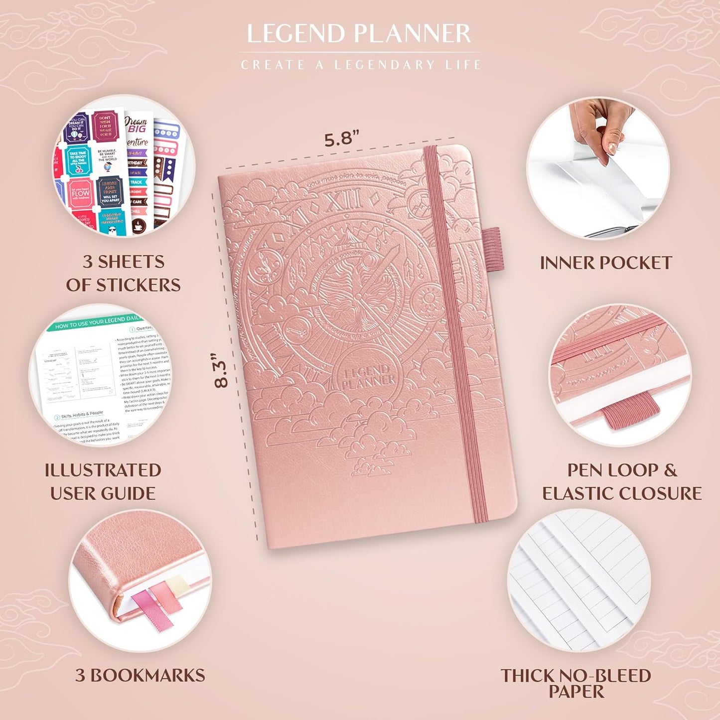 Legend Planner Daily for 3 Months – Undated Monthly Weekly & Daily Planner to Hit Goals. Organizer & Productivity Journal, A5 (Rose Gold)