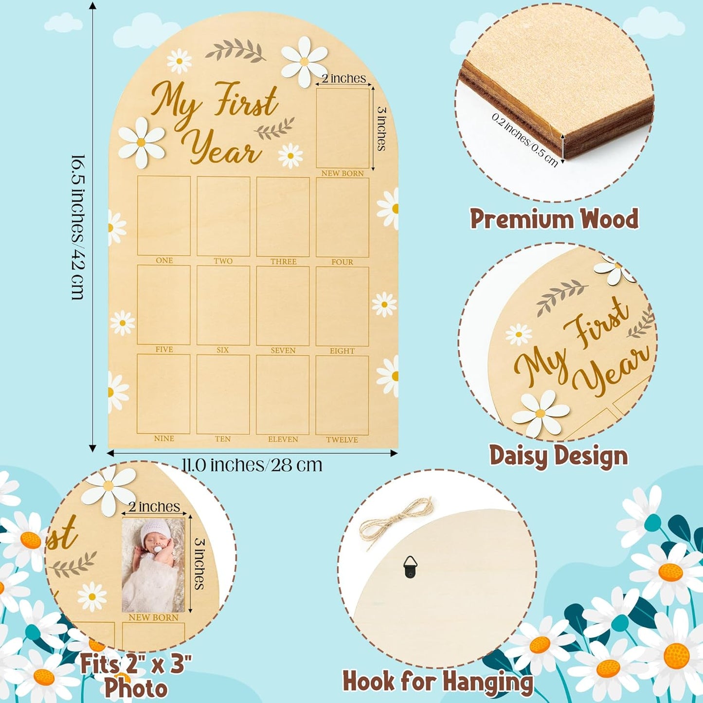 R HORSE My First Year Photo Display Wood Board, 3D Daisy Baby's First Year Picture Frame 12 Months Milestone Board Neutral Baby Keepsake Birthday Nursery Decor Gift for Boy Girl