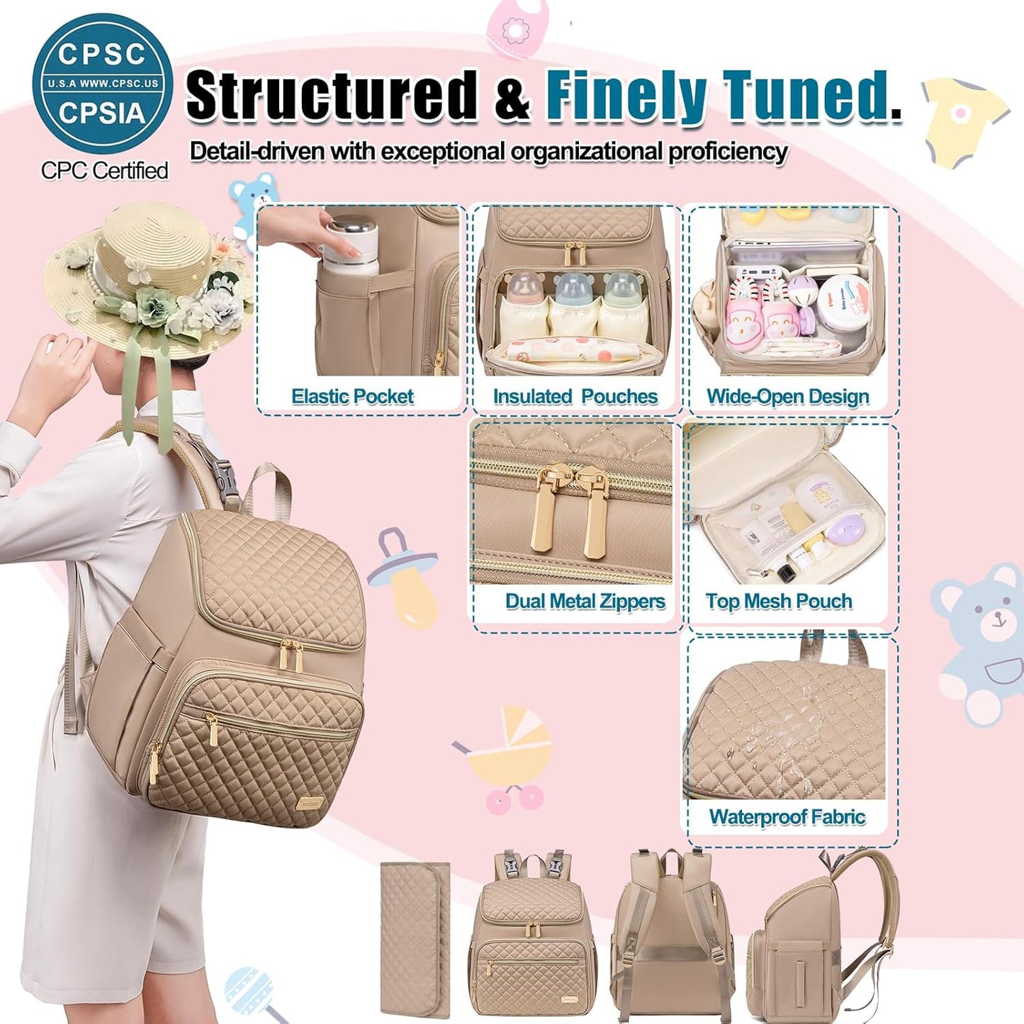 Weitars Diaper Bag Backpack Large Baby Diaper Bag with Changing Pad Travel Diaper Backpack,Baby Bag for Boys Girls,Stroller Straps,5 Insulated Pockets (Khaki)