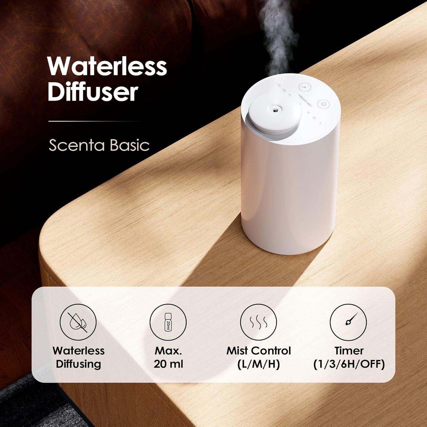 Waterless Diffuser for Essential Oil, Battery Operated Nebulizer, 0.7 Fl.Oz./ 20mL Capacity, Mini Scent Air Machine, 3 Countdown Timers & 3 Mist Levels for Home, Room, Car, Office - AN6 Black+White