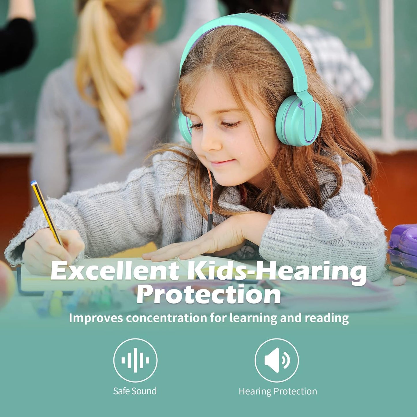 Kids Headphones, AILIHEN I35 On-Ear Headphones for School, 93dB HD Mic Stereo Headphone for Kid Girls Children, Foldable Wired 3.5mm for Chromebook, Laptop, Computer, Tablet (Green Purple)