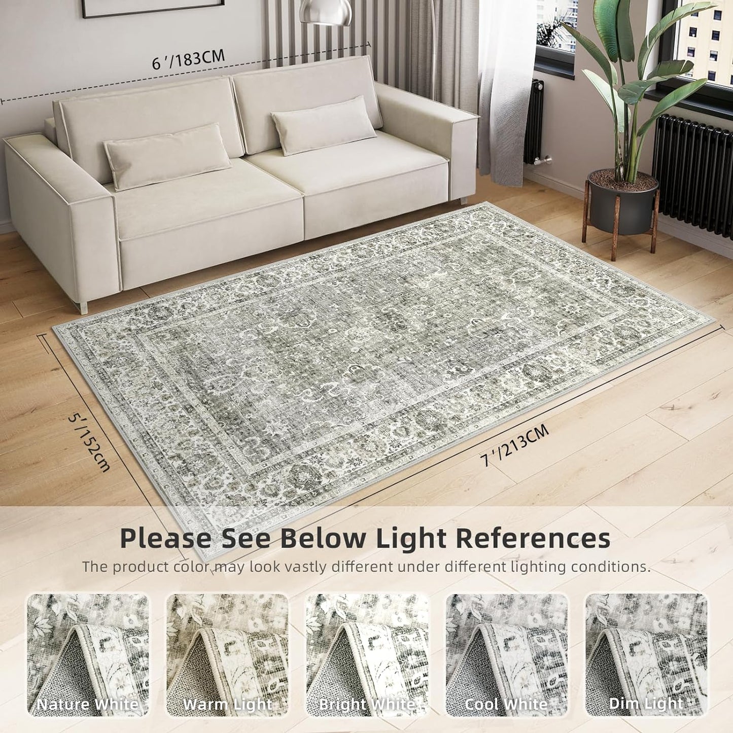 Deerly Washable Rug 5x7 Area Rugs for Living Room, Non Slip Large Rug for Bedroom Dining Room, Low-Pile Kid & Pet Friendly Distressed Carpet Print Floor(Cream)
