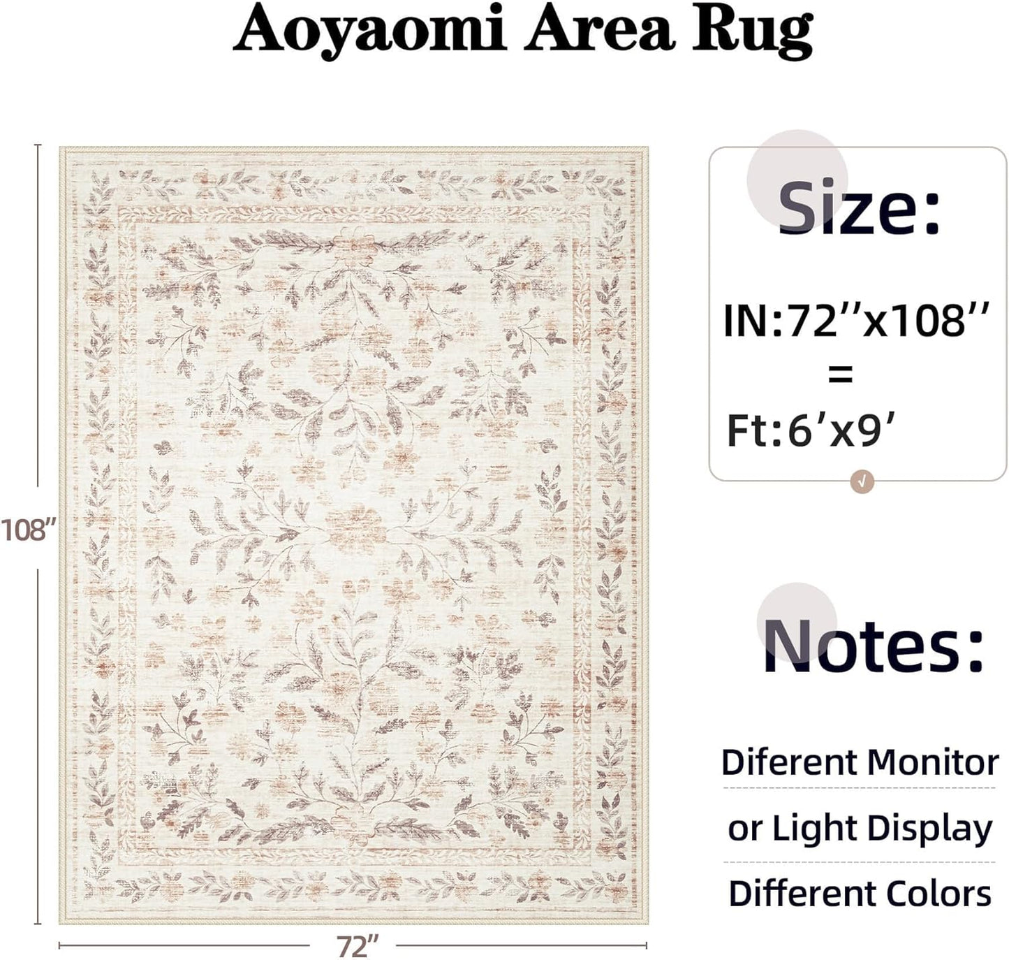 Rugs for Living Room 6x9 Rug, Washable Floral Boho Area Rug Non Slip Soft Low Pile Large Rugs for Bedroom Girls, Dining Room, Office, Kids Playroom(6'x9', Floral Beige)
