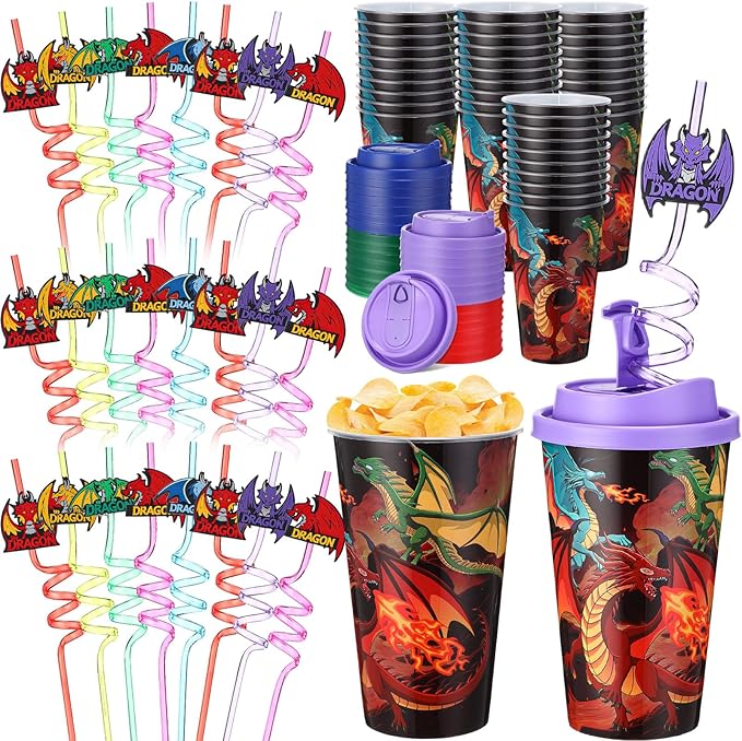 Yungyan 36 Sets Dragon Party Favors Goodie Cups with Lids and Straws for Birthday Decorations Reusable 16oz Plastic Candy Cups Plastic Straws for Birthday Party (Dragon)