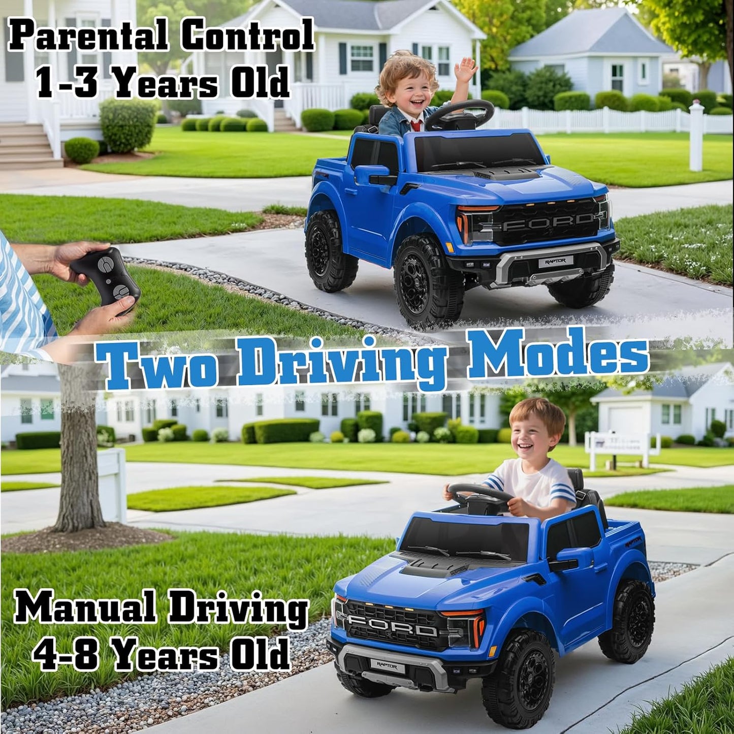 12V Ride on Car Licensed Ford F-150 Raptor, Kids Electric Car with Remote Control, LED Light/Music/MP3, Truck Bed Storage, 3-Point Seat Belt (12V, Blue)