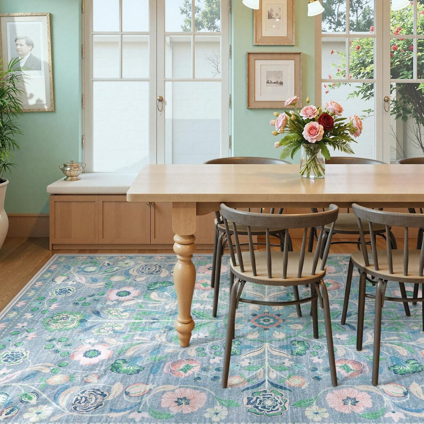 Anidaroel Blue Floral Rugs for Living Room 8x10, Washable Boho Area Rugs for Bedroom Vintage Soft Nursery Rug, Non-Slip Stain Resistant Dining Room Mat Carpet for Kids Playroom Office