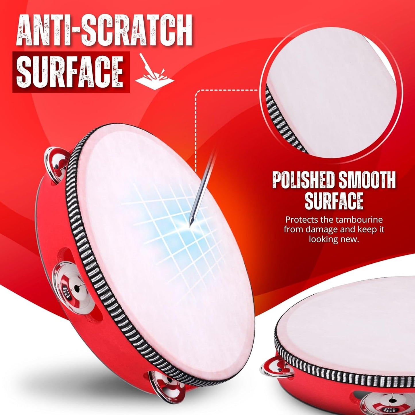 Flexzion Wooden Round Tambourine for Kids and Adults 8" Inch Single Row 8 Pair Jingles, Red Handheld Percussion Instrument for Beginner and Professional Tambourine Player