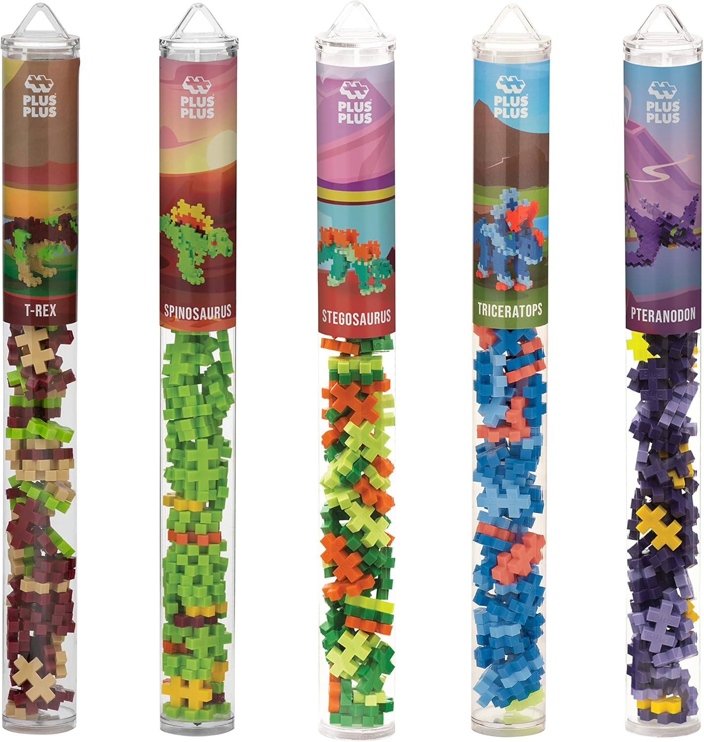 PLUS PLUS Building Block Playset Kit, Themed Figures 3D Puzzle, Fun Stem Toys for Kids, 350 Mini Interlocking Pieces - 5 Tube Bundle, Dinosaur
