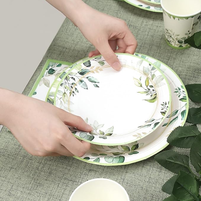 Green Party Plates Supplies, Sage Green Paper Eucalyptus Leaf Plates and Napkins, Disposable Tableware, Cups, Napkins for Jungle Boho Party,Baby Shower, Bridal Shower, Birthday Supplies Serve 24