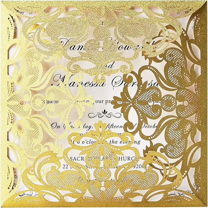 Hosmsua 50PCS Personalized Gold Laser Cut Wedding invitation Cards With Envelopes 6.3 x 6.3 Inch Hollow Lace Rose Invitation Pocket for Engagement Wedding Bridal Shower Invite (Gold Glitter)