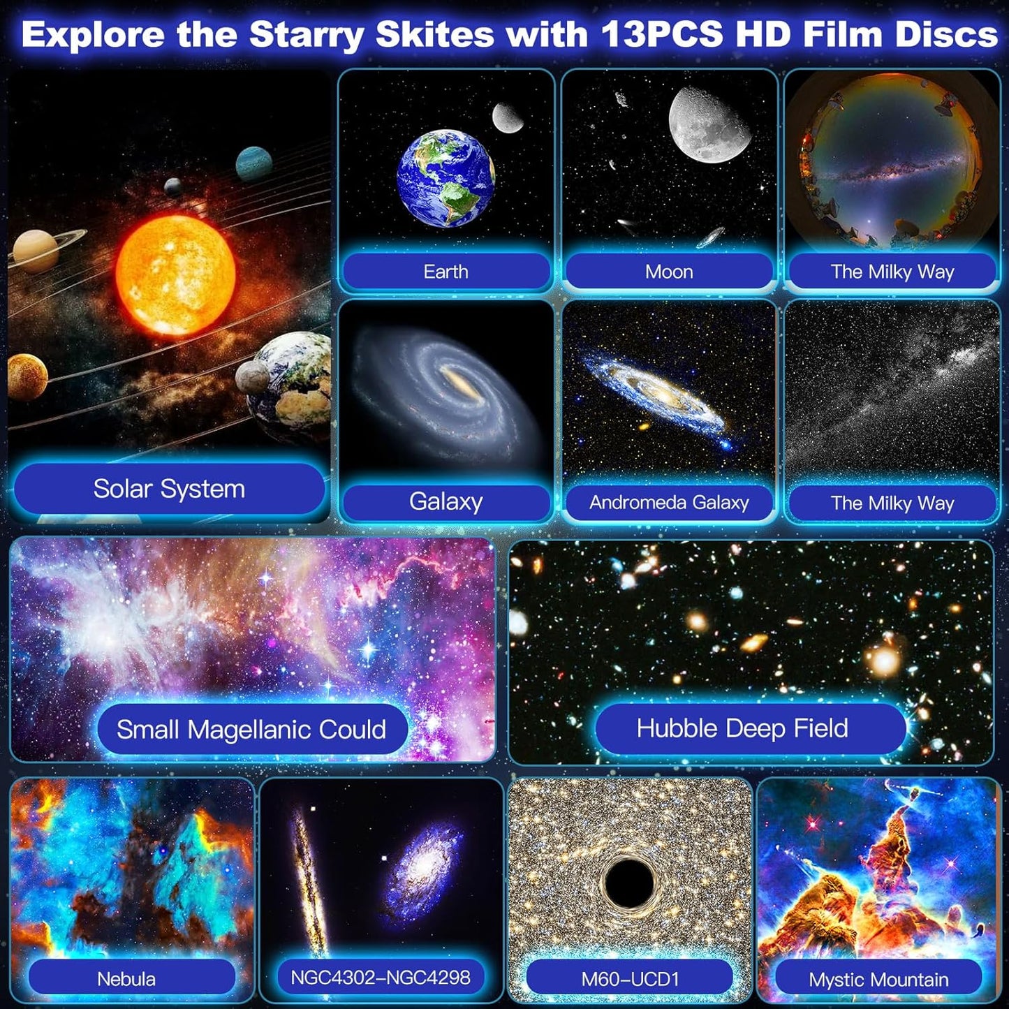 Star Projector Galaxy Light, 13 Film Discs Planetarium Galaxy Projectors for Bedroom,360°Rotating Space Night Light Projector with Timer, HD Ceiling Starry Lighting for Kids' Rooms