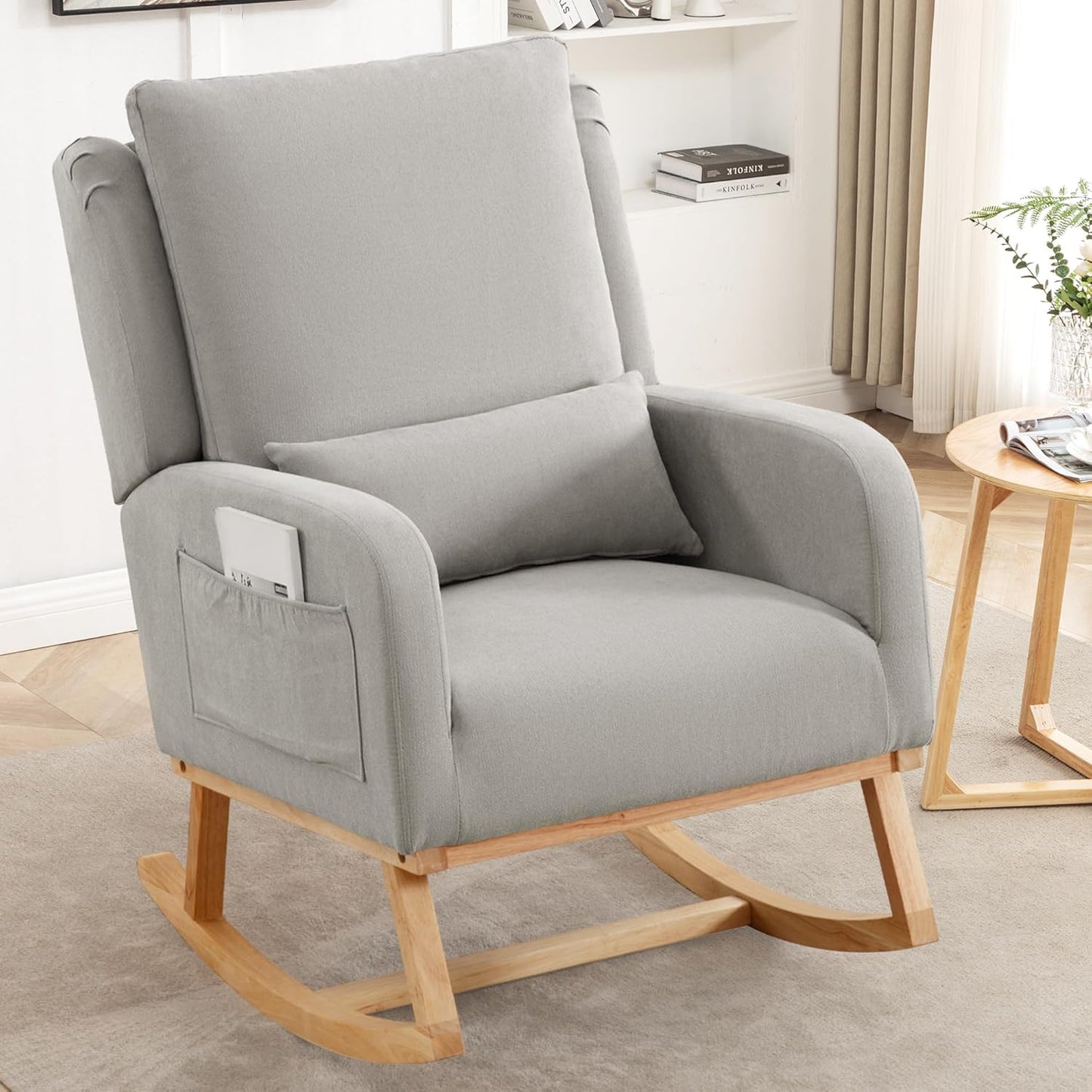 Rocking Chair Nursery, Upholstered Fabric Nursing Rocking Chairs with Lumbar Pillow, Modern Nursery Glider Rocker Morden Accent Rocking Chair for Mom Nursery, Living Room, Bedroom, Grey