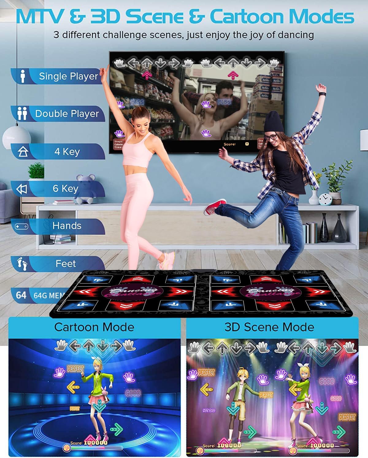 Music Dance Mat for Kids & Adults,Ideal for Fitness Dance Games,899 Games,64GB Memory Card,75 Music Videos,650 Songs.for TV use,Made of Premium Flannel,a Luxurious Gift for Children