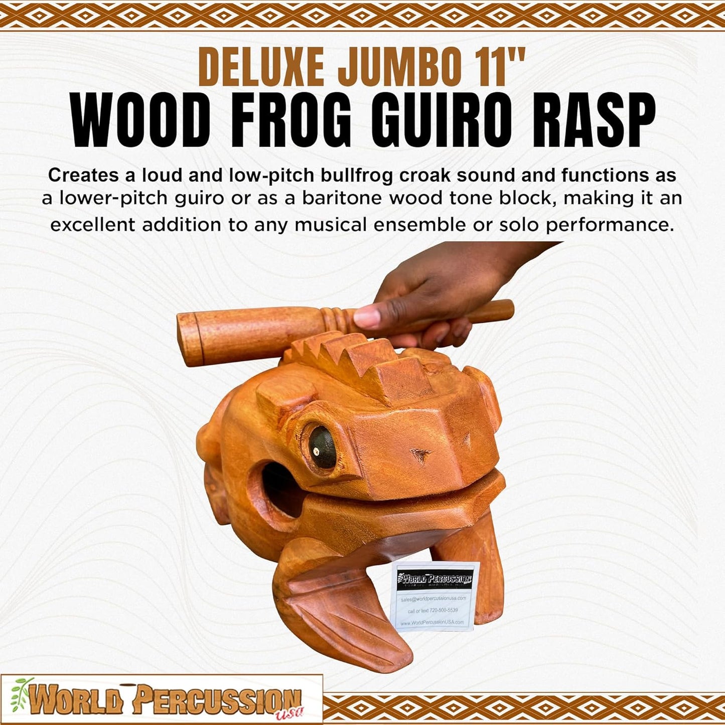 Deluxe Jumbo 11" Wood Frog Guiro Rasp - Percussion Musical Instrument Tone Block - Wooden Instrument with Stick, Frog Noise Maker by World Percussion USA