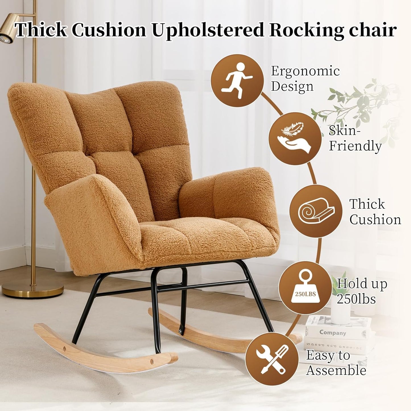 NIOIIKIT Nursery Rocking Chair Teddy Upholstered Glider Rocker Rocking Accent Chair Padded Seat with High Backrest Armchair Comfy Side Chair for Living Room Bedroom Offices (Kahaki Teddy)