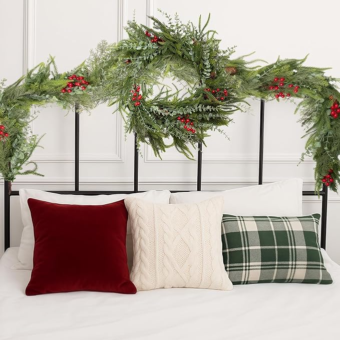 6FT Christmas Garland Norfolk Pine Tree Artificial Cedar Eucalyptus Greenery, Realistic Pine Garland for Mantel Fireplace Stair Rail Doorway Table Centerpiece, Indoor Outdoor Winter Decor