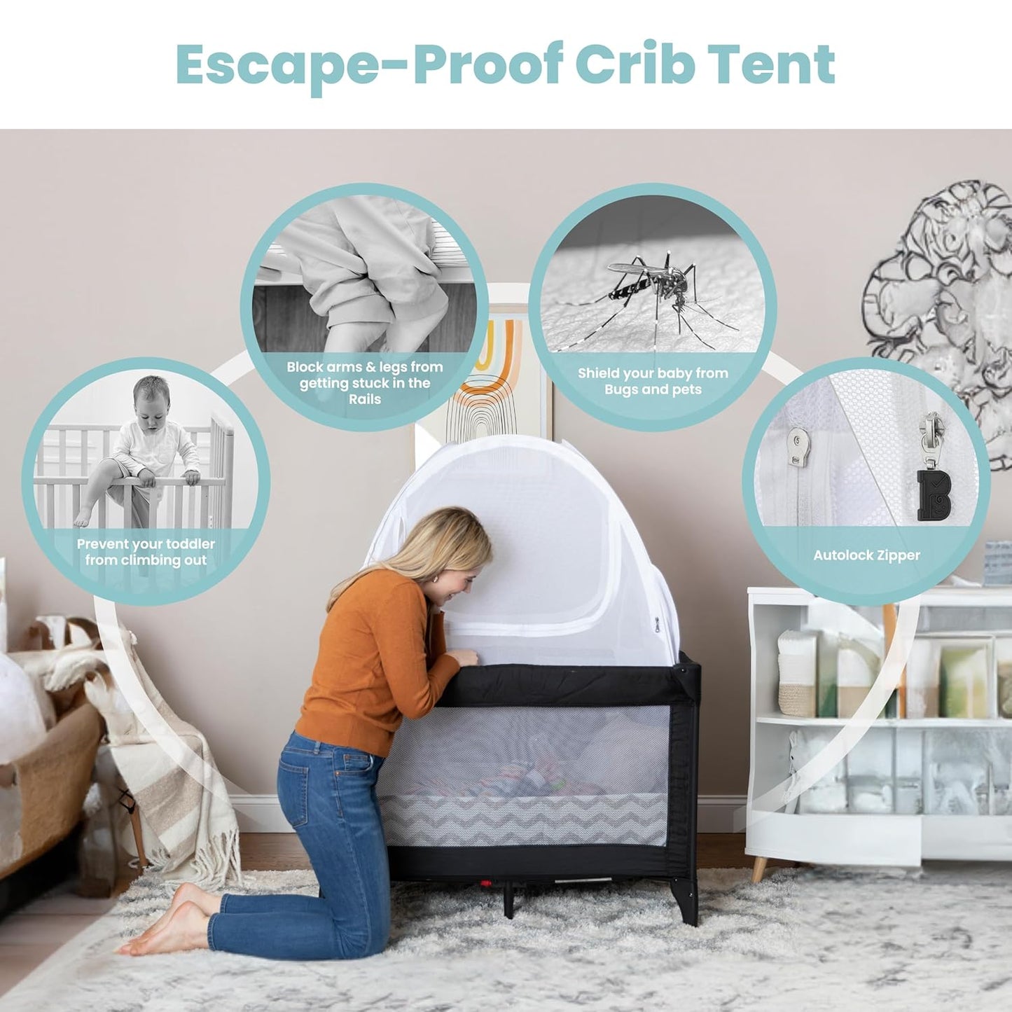 Premium Pack n Play Tent, Mini Crib Tent to Keep Baby from Climbing Out, Auto Pop Up Pack and Play Tent with Auto-Lock Zippers, Thick Velvety Breathable Mesh (Gray Chevron)