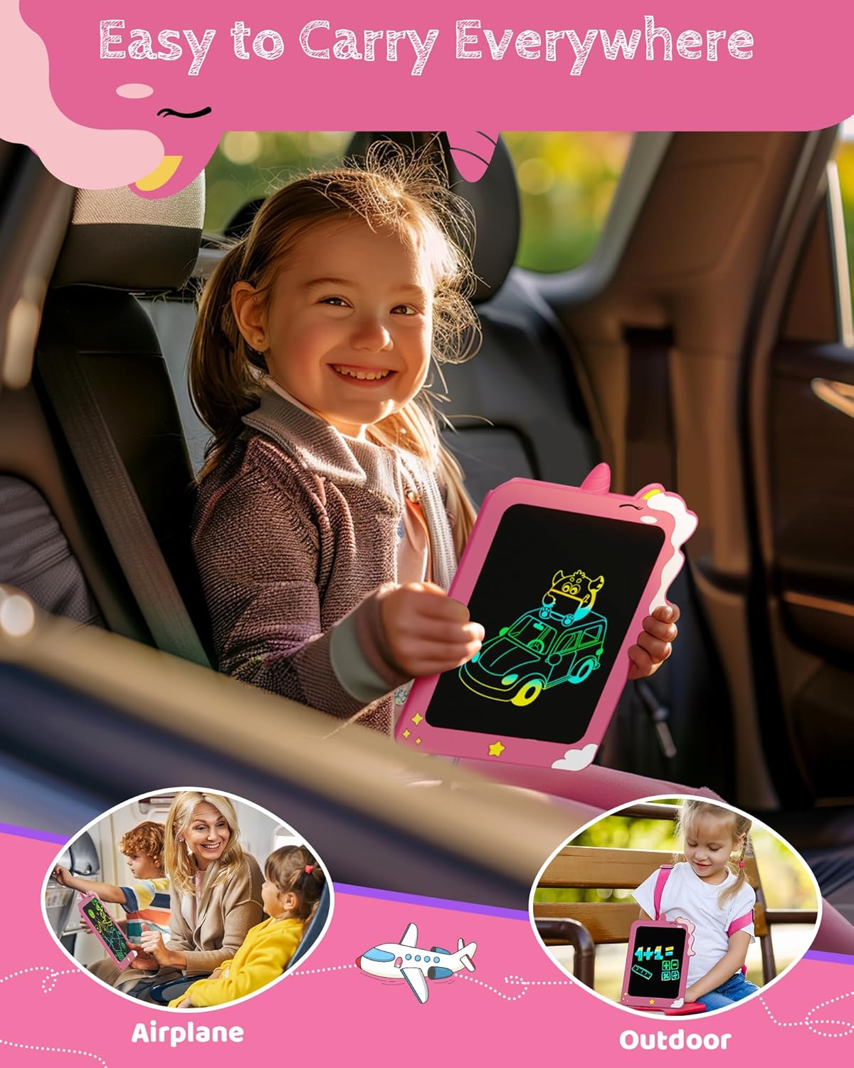 TEKFUN LCD Writing Tablet for Kids, 8.5 Inch Unicorn Toddler Doodle Board, Drawing Tablet, Reusable Electronic Pads Educational and Learning Toy Gift for 3-8 Years Old Boy and Girl (Pink)