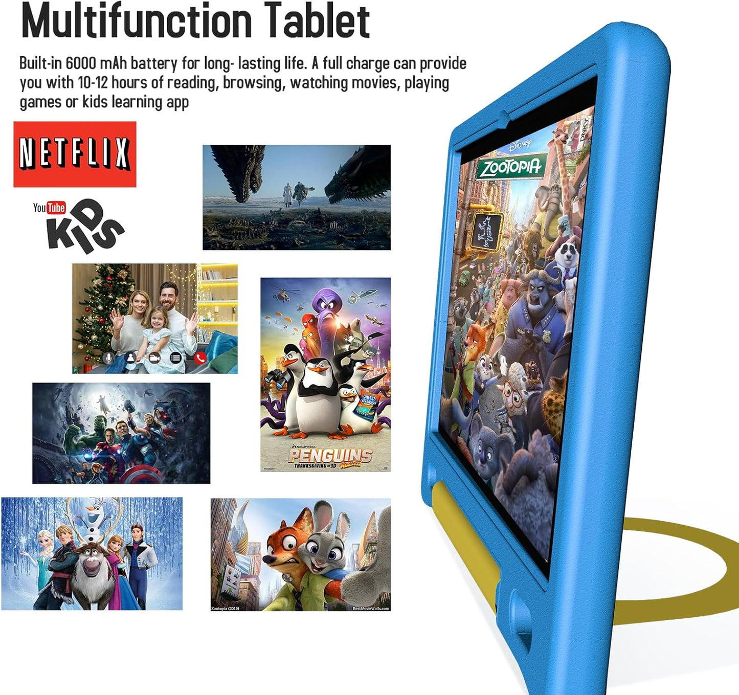 Kids Tablet with Strap, Android 14 Tablet for Kids 10 inch, Toddler Tablets Octa-Core 64GB 1TB Expandable, Children's Tablets with Case, Bluetooth WiFi Parental Control Dual