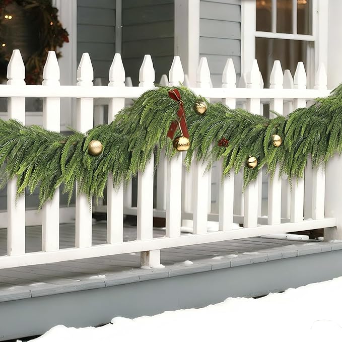 9FT Christmas Norfolk Pine Garland -2PCS, Artificial Pine Needles Garlands Faux Greenery Fake Garland for Holiday Fireplace,Table,Window,Stairs,Mante,Indoor Outdoor Decor