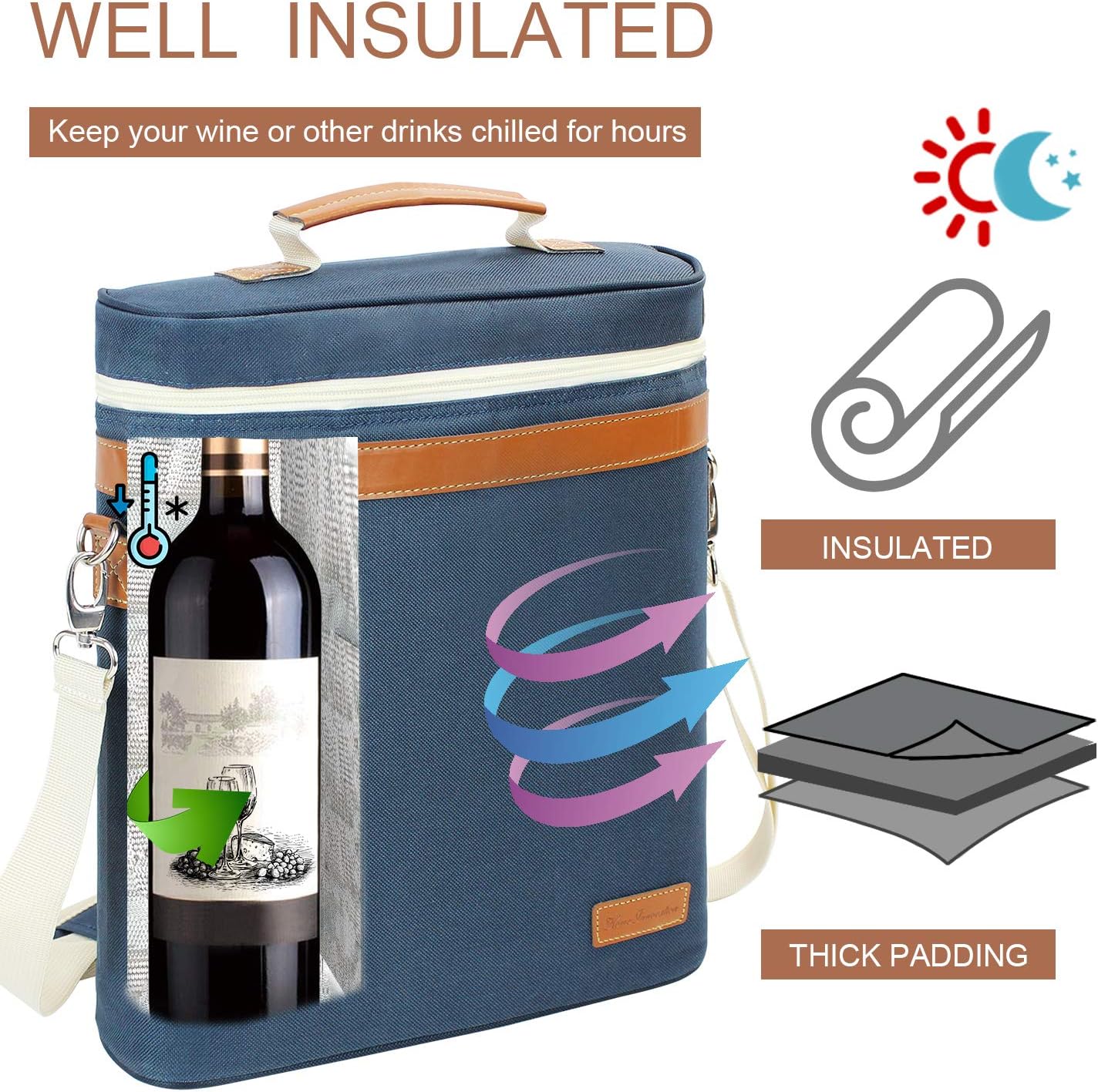 ZORMY 3 Bottle Insulated Wine Tote Cooler Bag, Portable Carrier with Corkscrew Opener and Shoulder Strap for Beach Travel Picnic, Unique Gift for Wine Lovers Navy Blue