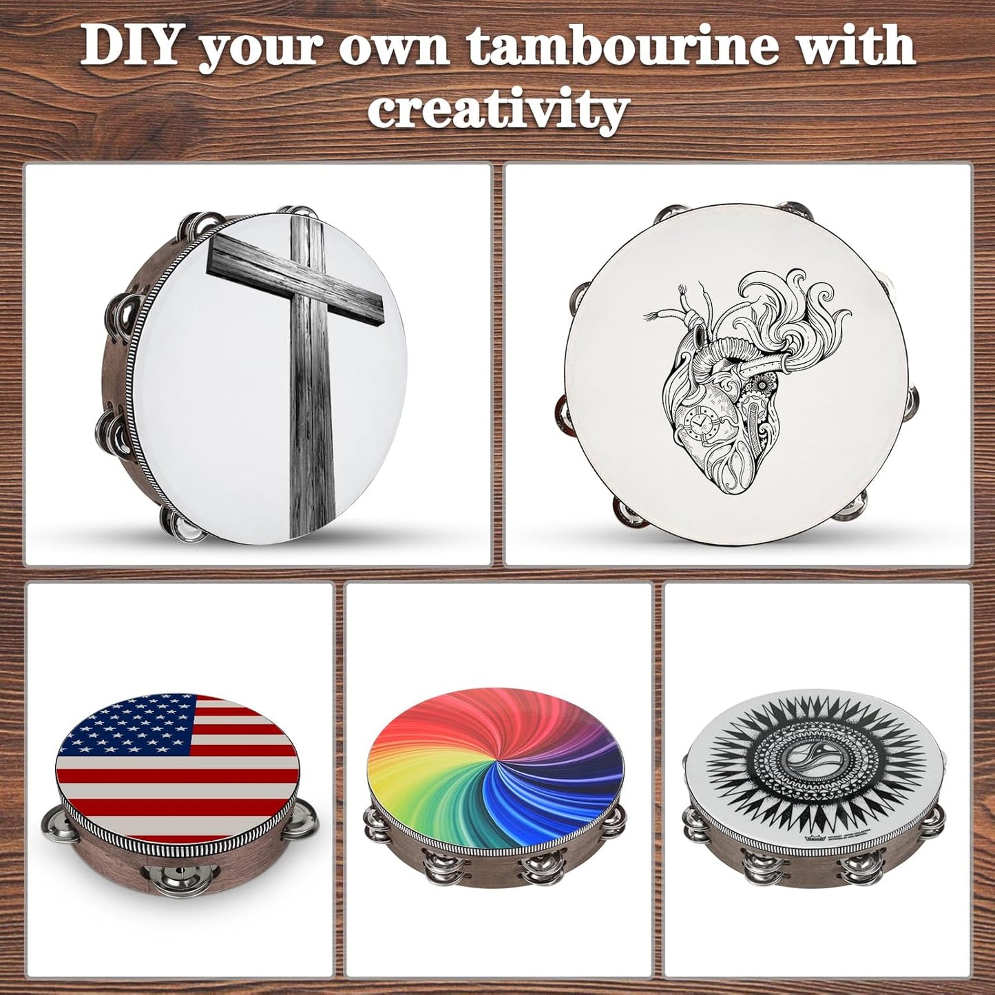 Wooden Hand Held Percussion Tambourine with Storage Bag - 6+8+10 Inches, Ideal for Church, Wedding, Party, Dance, Photo Shoot