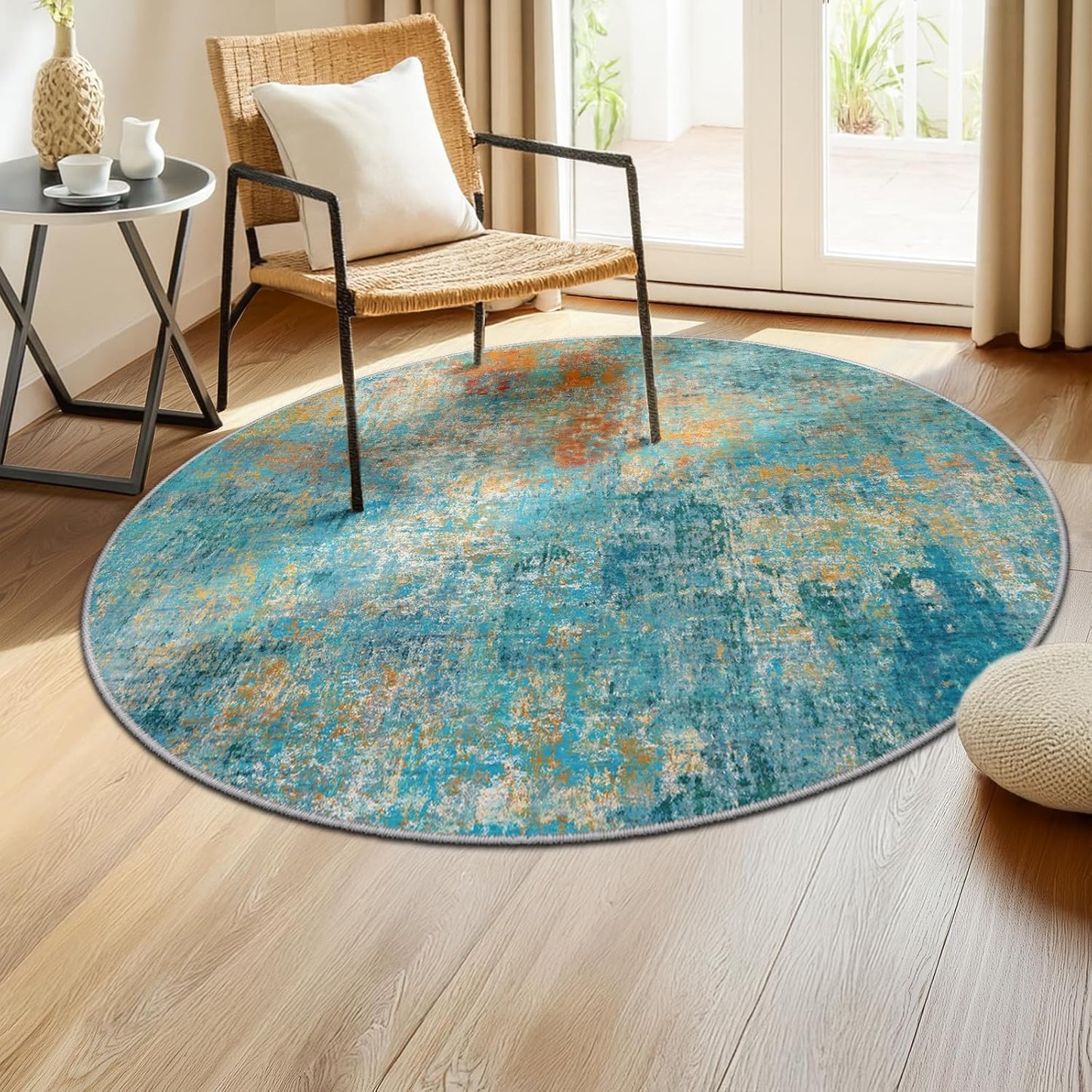 Washable Area Rugs 4ft Non-Slip Modern Abstract Soft for Living Room Entryway Bedroom Nursery, Print Pattern, Teal Blue Green Orange Rust Red Colorful
