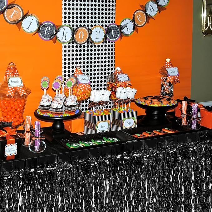 4P Wavy Metallic Tinsel Foil Fringe Table Skirts for Rectangle Tables Backdrop Garland Curtains for Parade Floats Wedding Birthday Parties Decoration Graduation 2025 Christmas (Black)