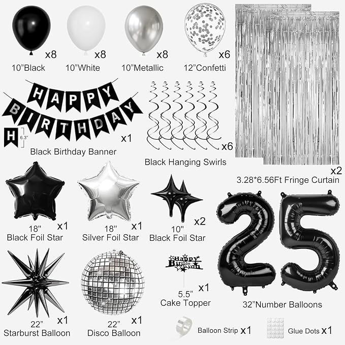 25th Birthday Decorations for Men Women, Black Silver Happy Birthday Party Decorations， 25 Year Old Party Supplies with Number 25 Balloons, Banner, Fringe Curtains Kit