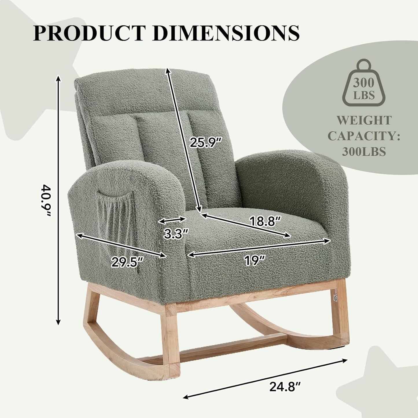 NIOIIKIT Nursery Rocking Chair, Teddy Upholstered Glider Chair with Side Pocket, Glider Rocker Chair with Tufted Back, Comfy Accent Nursing Chair for Living Room (Olive Green Modern)