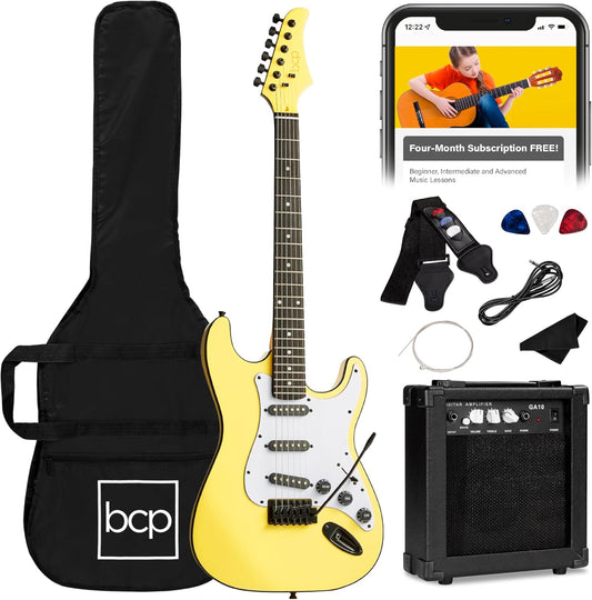 Best Choice Products 39in Full Size Beginner Electric Guitar Starter Kit w/Case, Strap, 10W Amp, Strings, Pick, Tremolo Bar - Yellow