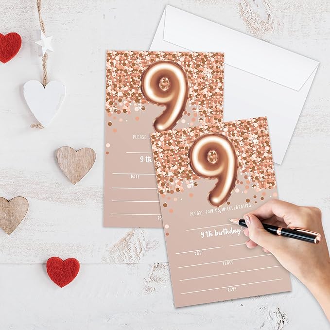 9th Birthday Invitation Cards, Rose Gold Glitter 9th Birthday Party Invites, Kids Happy Birthday Party Decorations Supplies, 20 Fill-in Cards with Envelopes for Boys or Girls Party Celebration - C01