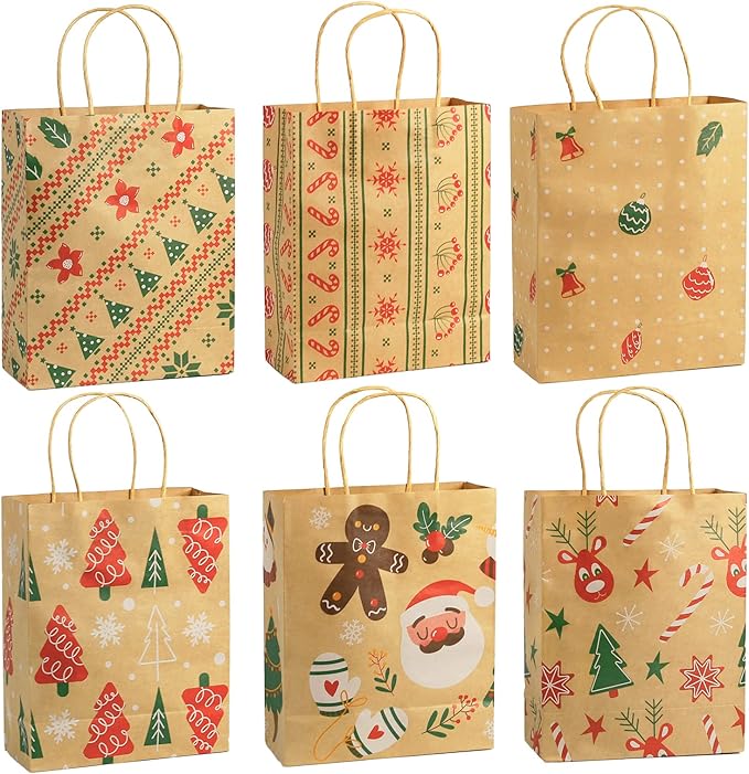 Ogrmar 24 PCS Christmas Gift Bags Kraft Holiday Wrapping Paper Bags with Christmas Prints for Holiday Party Favors Xmas Gift Box Packaging