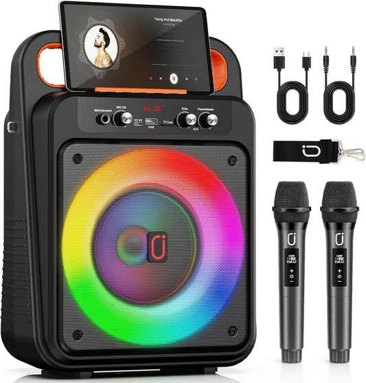 JYX Karaoke Machine with 2 Wireless Microphones, Portable Bluetooth Karaoke Speaker for Adults, PA System Speaker with LED Lights Support REC/USB/AUX/TF for Outdoors Home Party (MS79)