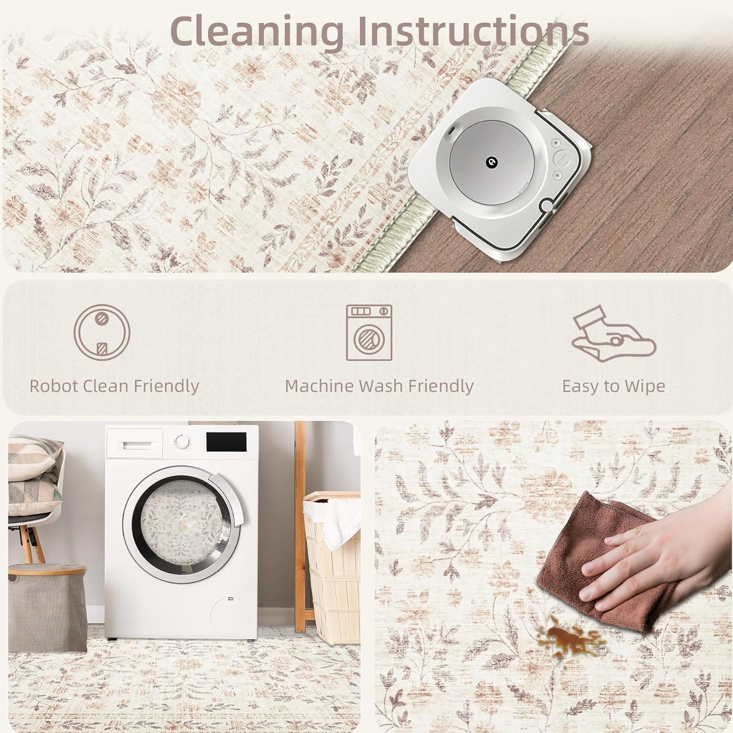 Rugs for Living Room 9x12 Rug, Washable Floral Boho Area Rug Non Slip Soft Low Pile Large Rugs for Bedroom Girls, Dining Room, Office, Kids Playroom(9'x12', Floral Beige)