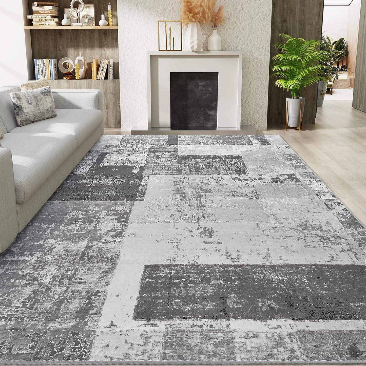 LOCHAS Rug for Living Room, Washable Soft Area Rugs for Bedroom 6x9, Abstract Carpet for Indoor Office Kids Dining Room Nursery Floor, Grey Geometric Vintage Home Decor, Non Slip, Pet Child Friendly