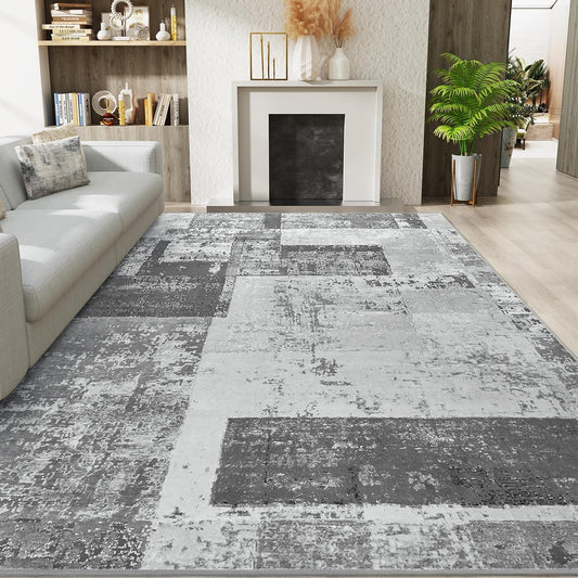 LOCHAS Rug for Living Room, Washable Soft Area Rugs for Bedroom 6x9, Abstract Carpet for Indoor Office Kids Dining Room Nursery Floor, Grey Geometric Vintage Home Decor, Non Slip, Pet Child Friendly