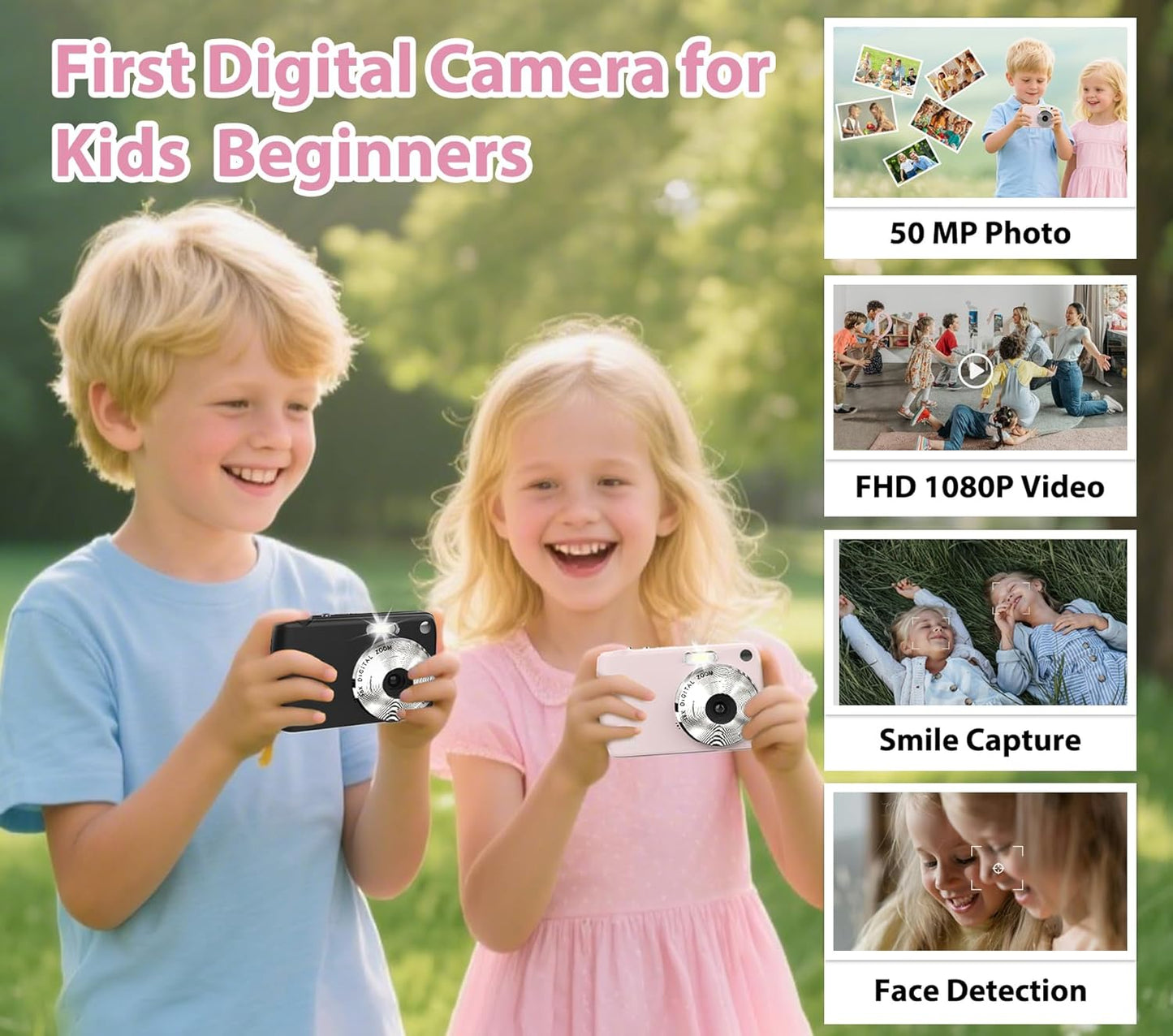 Digital Camera for 50MP FHD 1080P, Digital Point and Shoot Camera with 16X Zoom Anti Shake, Indoor&Outdoor Travel Compact Small Camera Gift for Boys Girls Kids Camera with 32GB Card, Pink