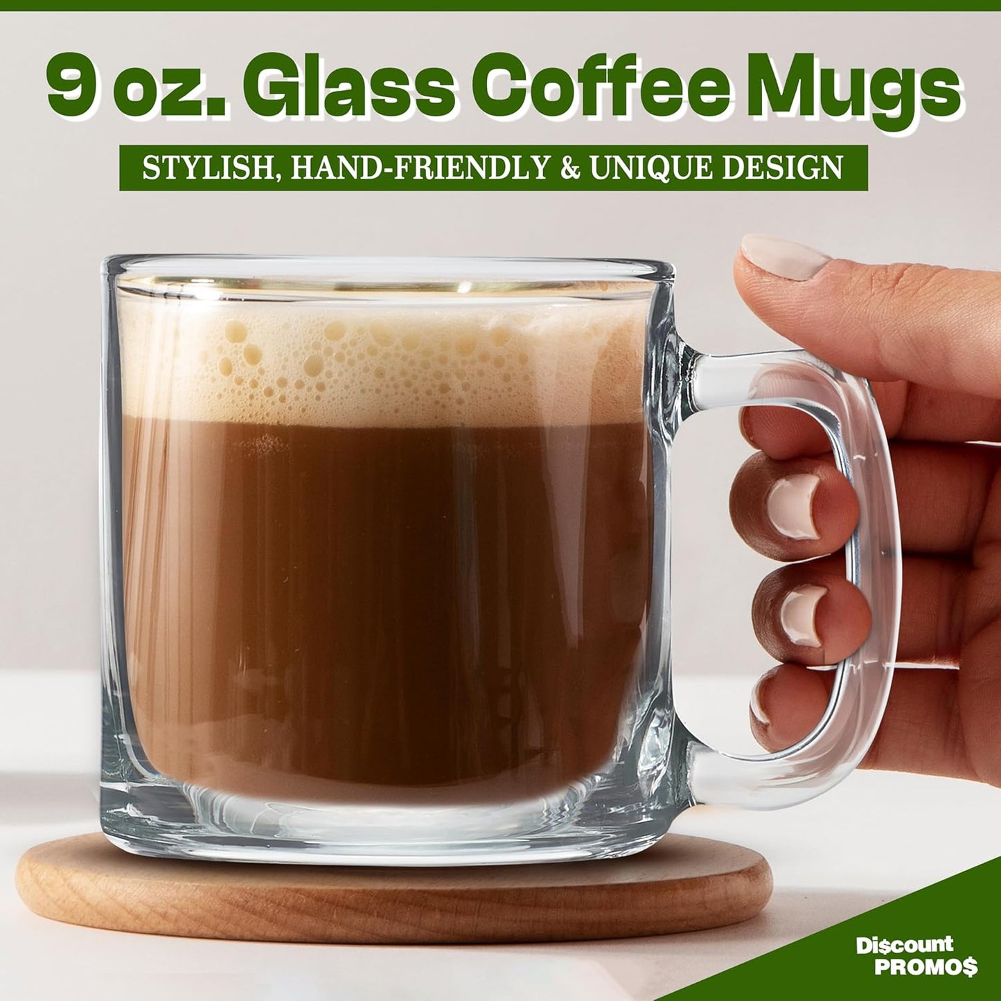 DISCOUNT PROMOS Small Glass Coffee Mugs 9 oz. Set of 10, Bulk Pack - Perfect for Coffee, Tea, Espresso, Hot Cocoa, Other Beverages - Clear