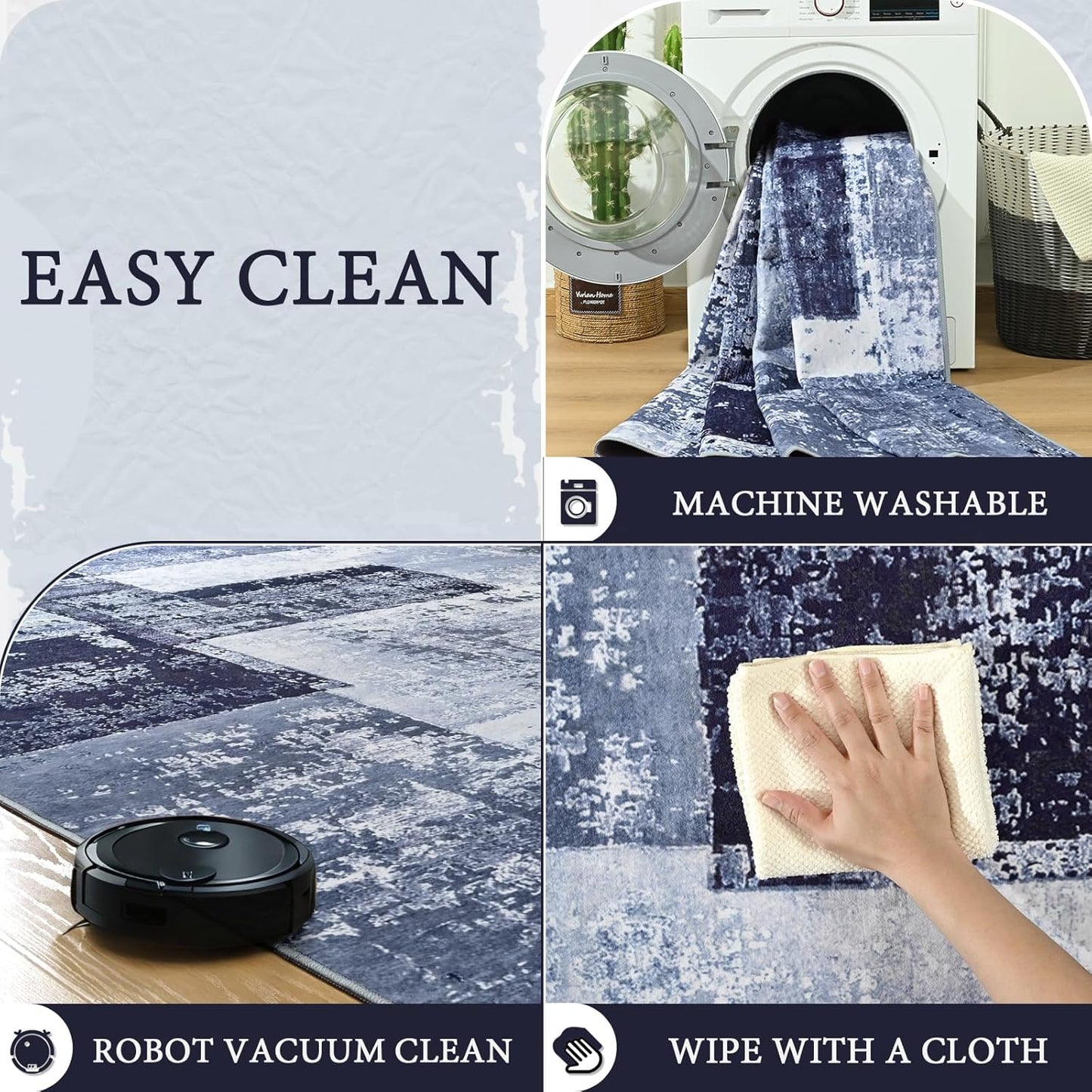 LOCHAS Rug for Living Room, Washable Soft Area Rugs for Bedroom 6x9, Abstract Carpet for Indoor Office Kids Dining Room Nursery Floor, Blue Geometric Vintage Home Decor, Non Slip, Pet Child Friendly