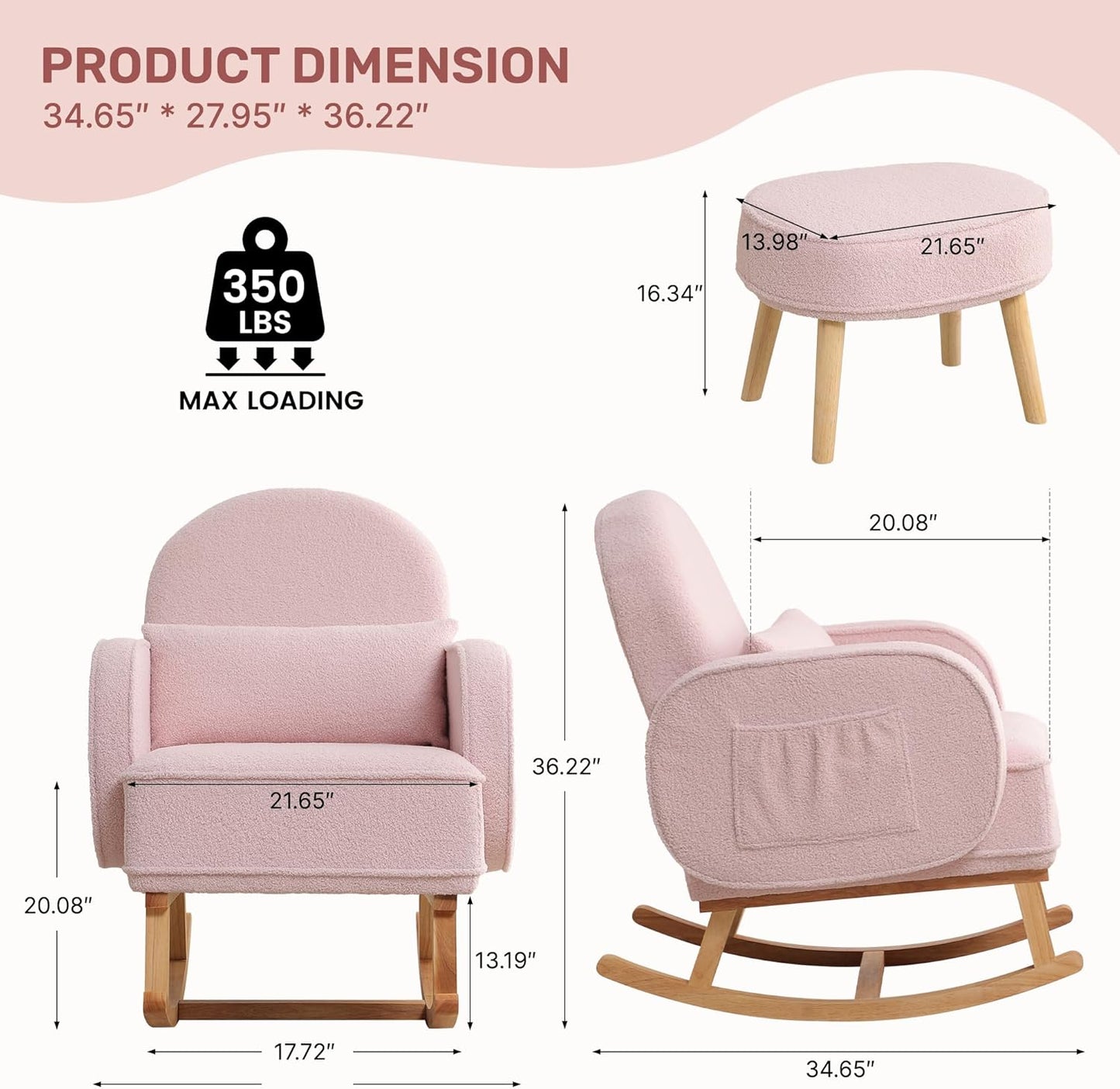 Rocking Chair Nursery with Ottoman, Upholstered Glider Rocker with High Backrest and Side Pocket, Rocking Accent Armchair with Solid Wood Legs for Nursery/Living Room/Bedroom Pink