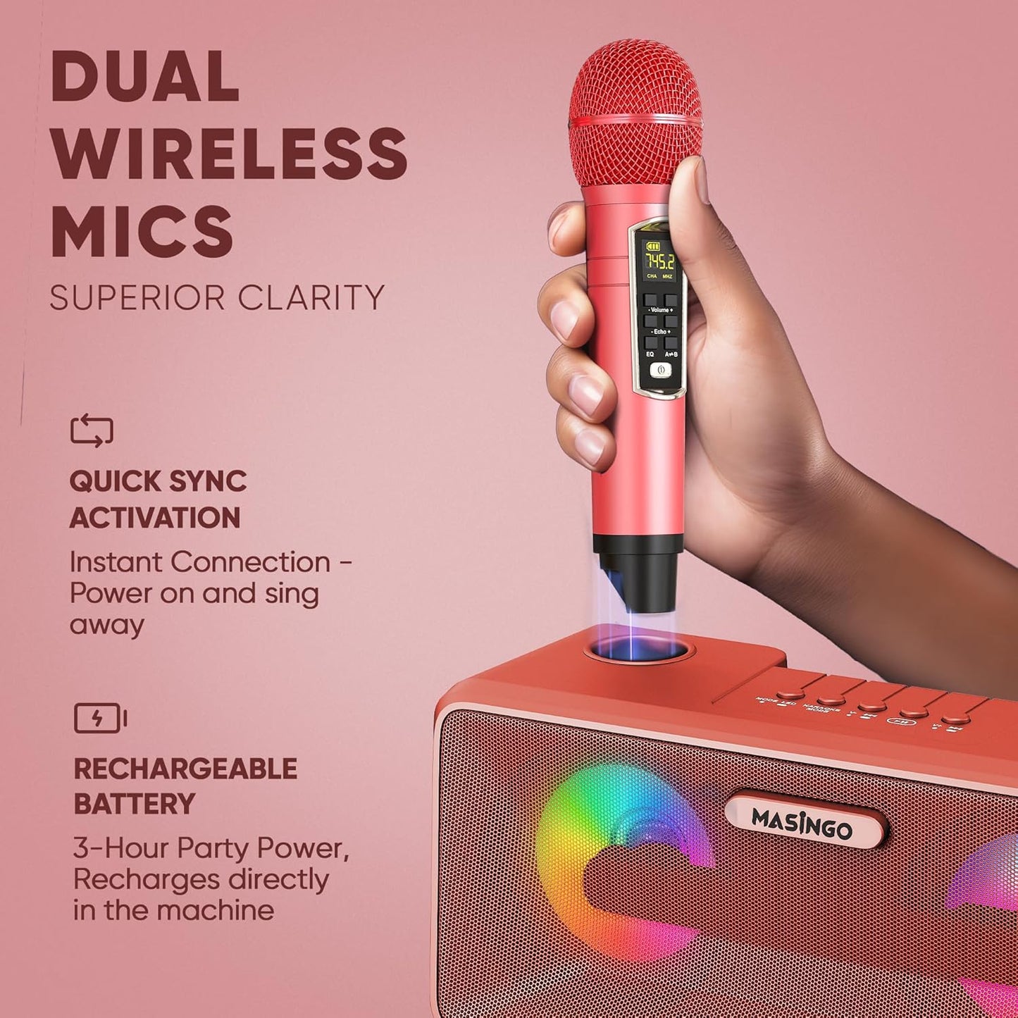 MASINGO Karaoke Machine for Adults and Kids with 2 Wireless Microphones, Portable Bluetooth Singing Speaker, Colorful LED Lights, PA System, Lyrics Display Phone Holder, and TV Cable. Presto G2 Pink